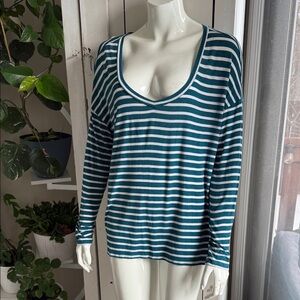 American Eagle Outfitters Teal and White Striped Long-Sleeve Scoop Neck Top